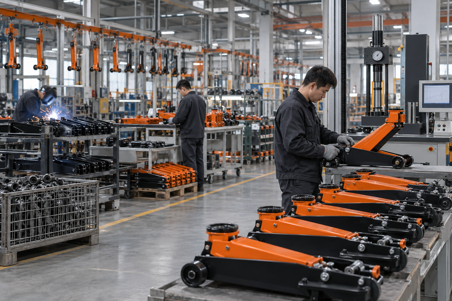 Hydraulic floor jack assembly and quality inspection workshop